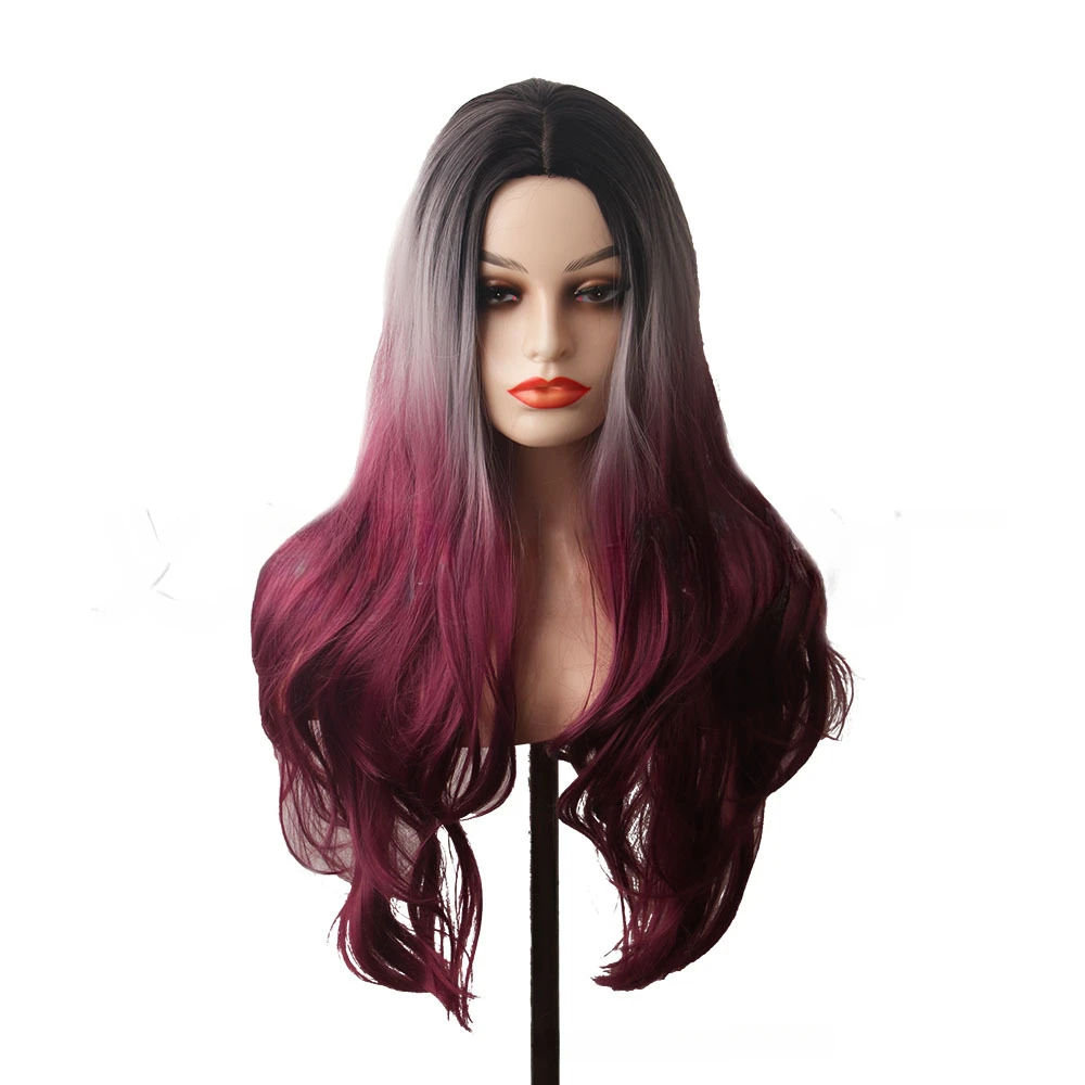 Gradient dyeing cover long curly hair medium split large wave wig full head cover women's chemical fiber high-temperature silk