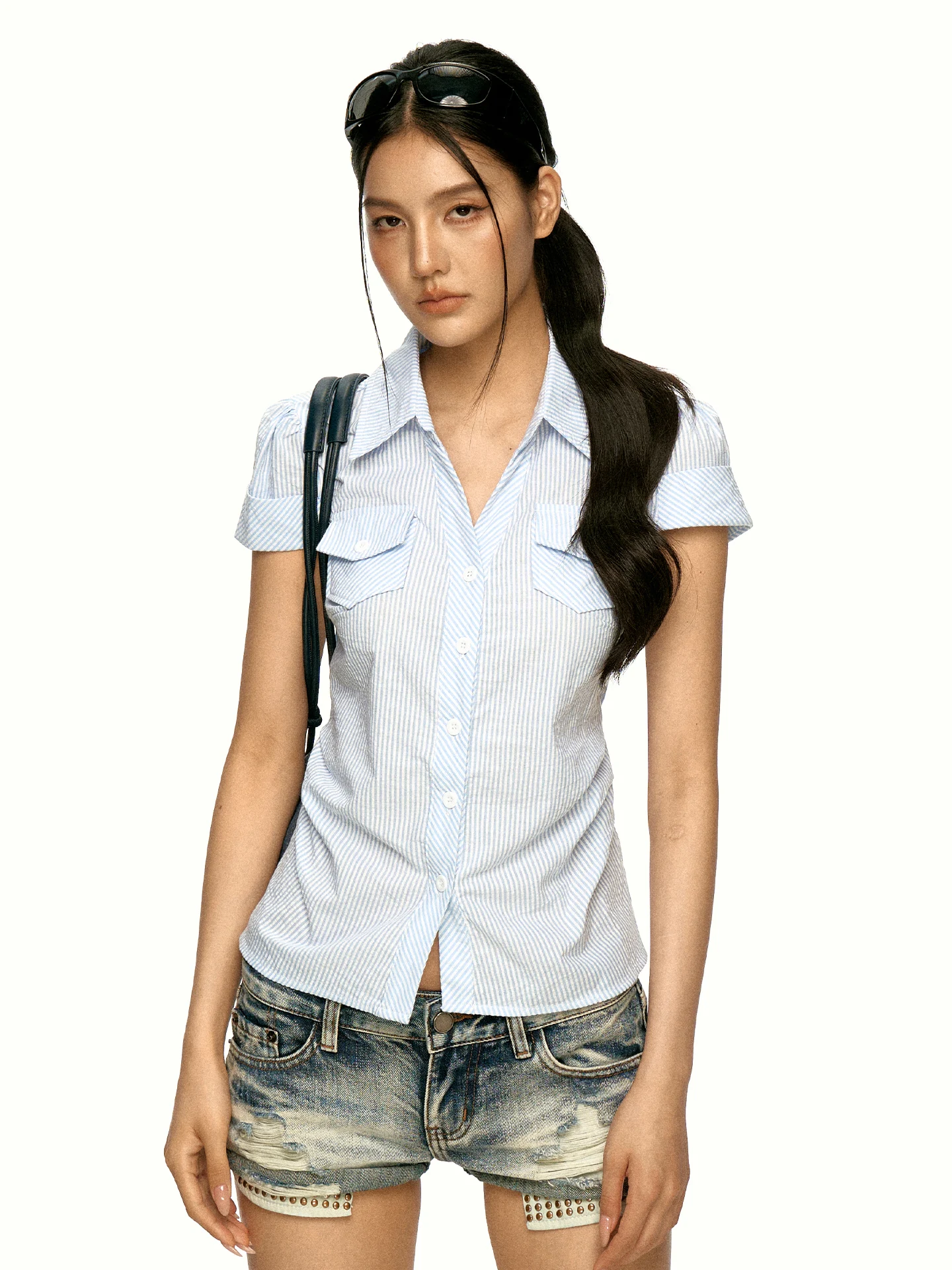 Aaisup Women's Slim Fit Short Sleeve Shirt Pure Cotton Gathered Waist Design Korean Style Summer Fashion Versatile Top