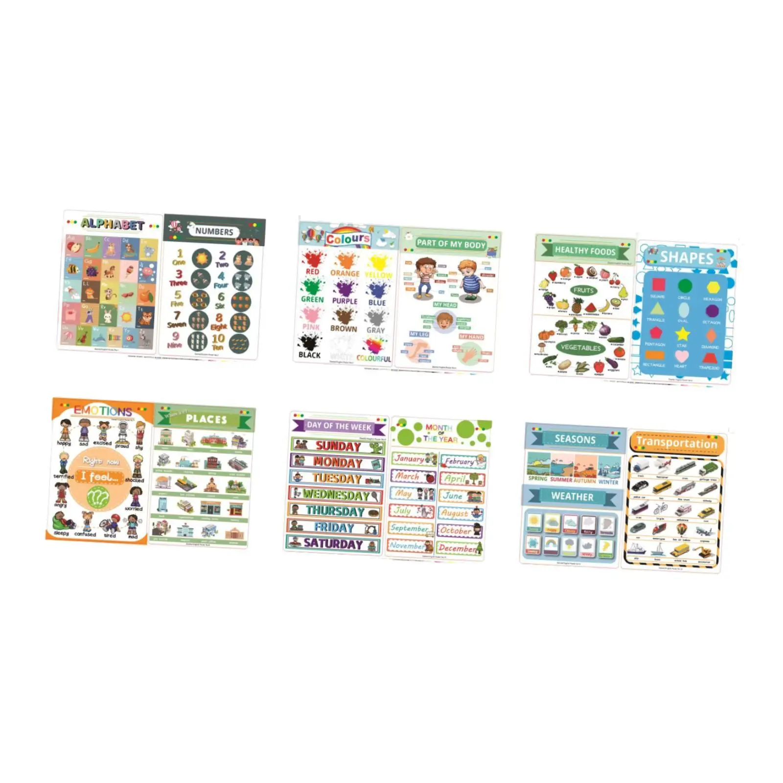 Posters educacionais parede para Kindergarten, Gráficos Aprendizagem, 12 PCs