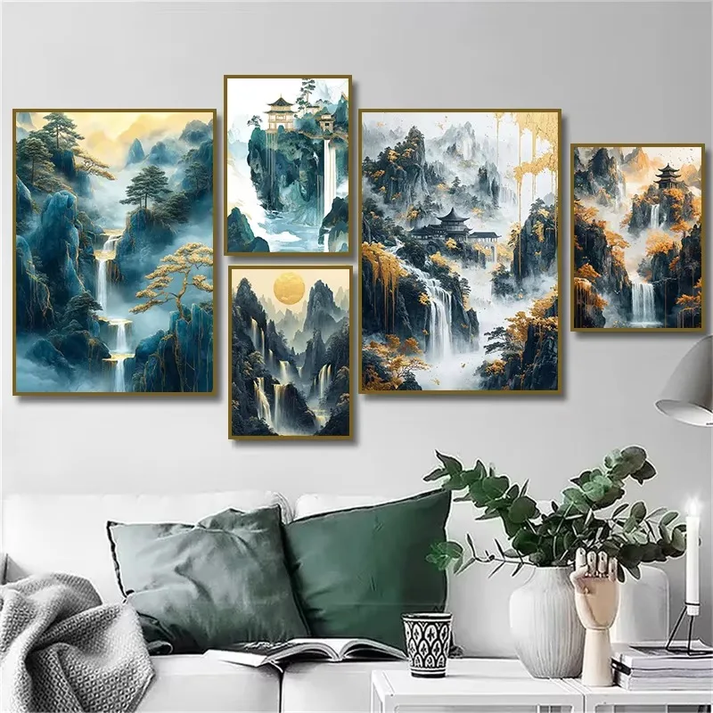 1000 PCS Jigsaw Puzzle Chinese Style Landscape Blue Waterfall Mountain Temple For Adults Weekend Fun Family Activity