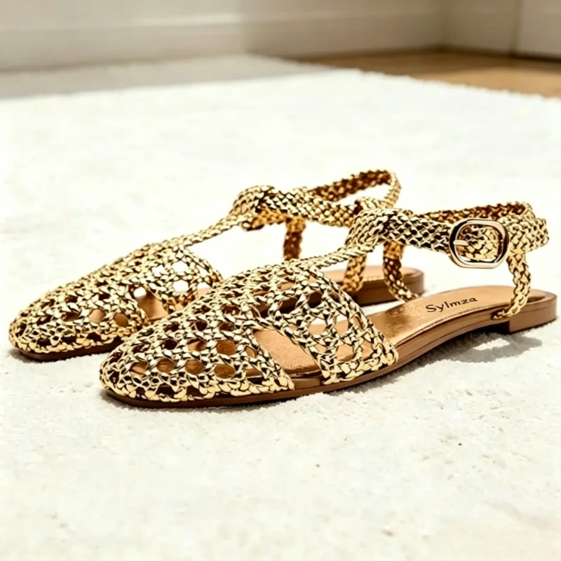 Sandales plates uniques à lanières cheville croisées pour femme, style gladiateur ajouré, confortables pour l'été et la plage