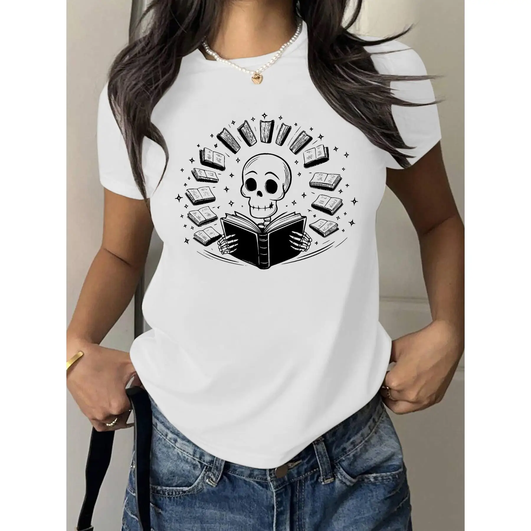 

Reading Skeleton T-shirt | Funny Reading Book Graphic Tee | Dark Academia Vintage Skull Top | Cool Streetwear Short Sleeve Shirt