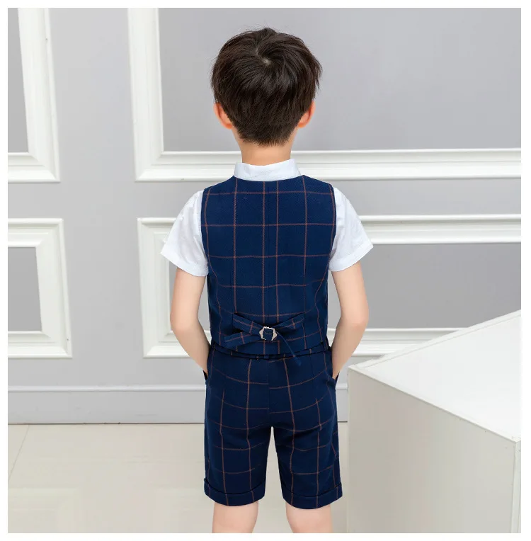 Boys Summer Plaid Wedding Suit Gentle Kid Shirt Vest Short Bowtie Photograph Set School Children Fromal Graduation Party Costume