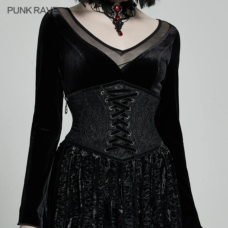 Punk Rave Women's Gothic Corset, Black Polyester Acrylic Jacquard Waist Cincher with Lace-Up WS428