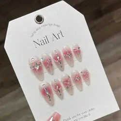 Handmade Press on Nails Pink Blush Shiny Rhinestone Decor False Nails Full Cover Wearable Sweet Korean Almond Fake Nail Tips