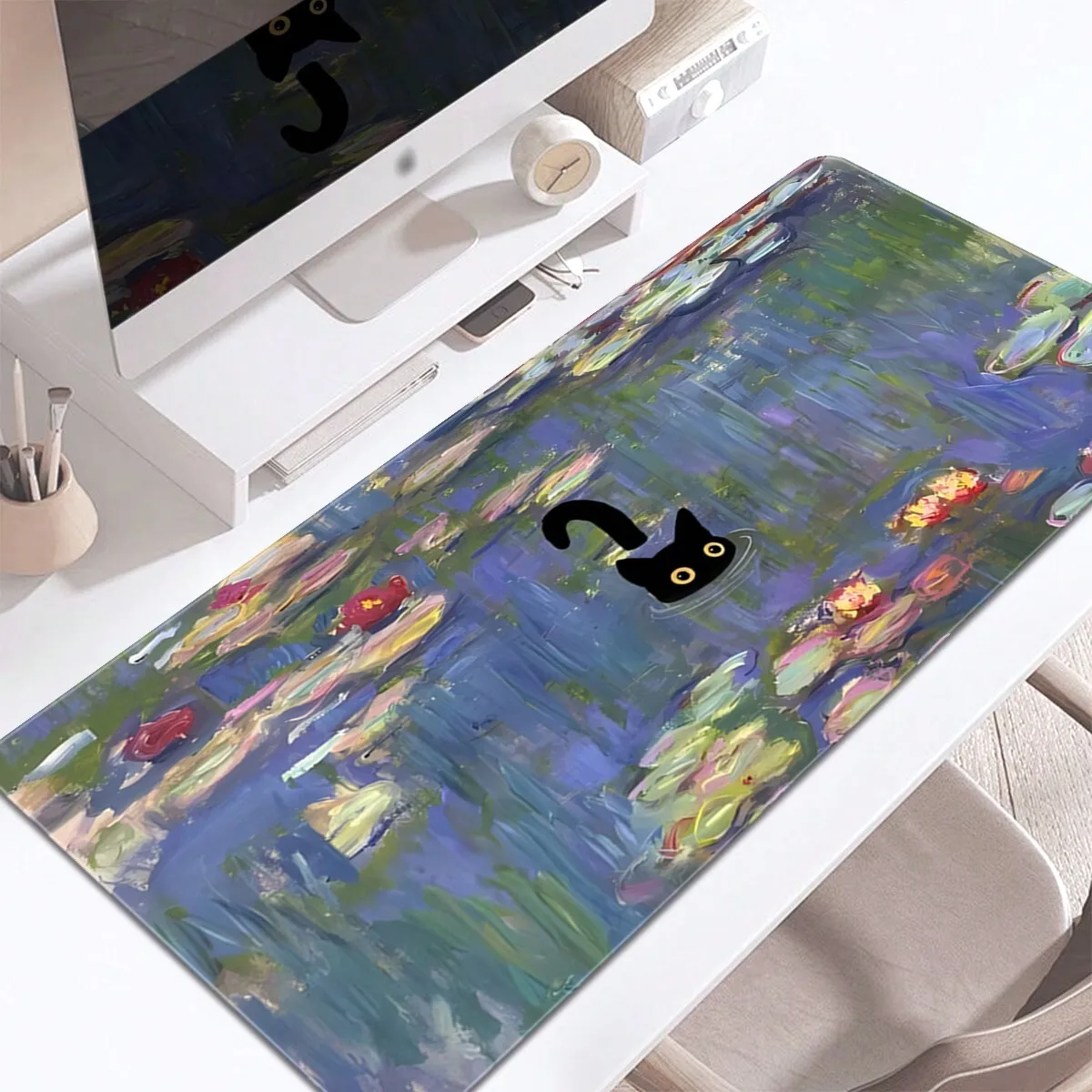 1pc Oil Painting Black Cat In Water Mouse Pad, Large Size Gaming Keyboard Desk Mat, Rubber Non-Slip Office Mouse Pad, Desk Accessory, Keyboard Pad, Suitable For School, Office, Home, Great Gift For Friends And Family