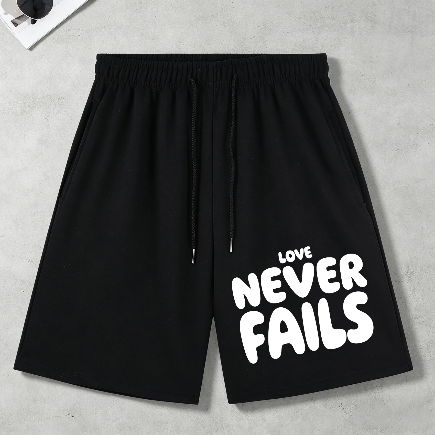 Love Never Fails Printed Pocket Pants Mens Summer Breathable Drawstring Streetwears Loose All-Match Unisex Soft Black Shorts