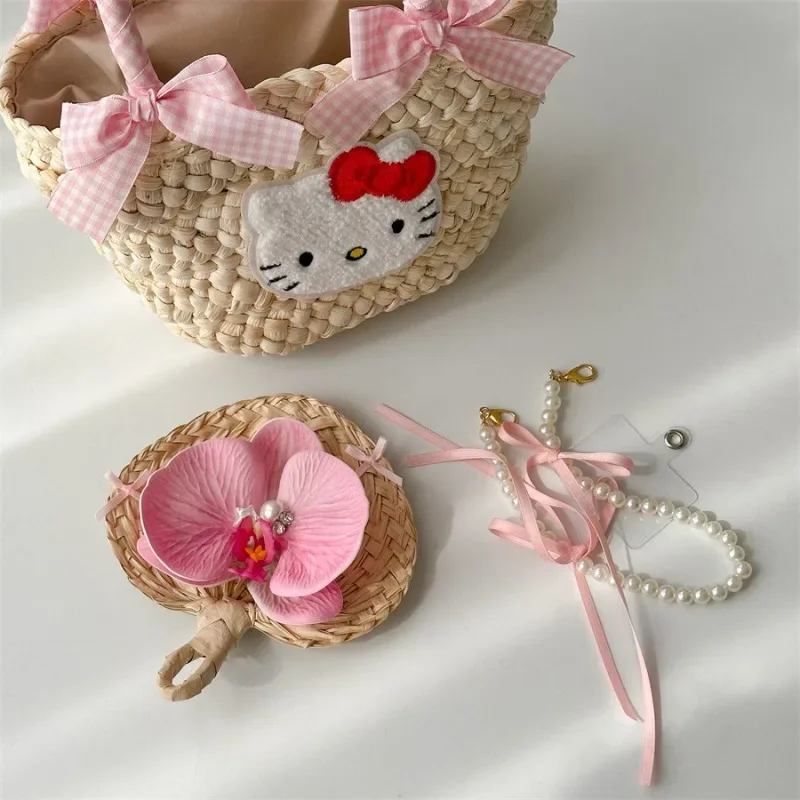 Sanrio KT Cat Hello Kitty Cute Countryside Bow Grass Woven Bag Seaside Vacation Atmosphere Hand-held Vegetable Basket