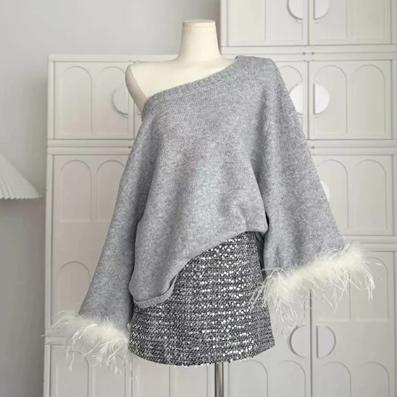 

Sweet Preppy Knit Sweater Women Autumn Loose Casual Lazy Wind Gentle Pullovers Chic Hairy Patchwork Slash Neck Baggy Jumpers New
