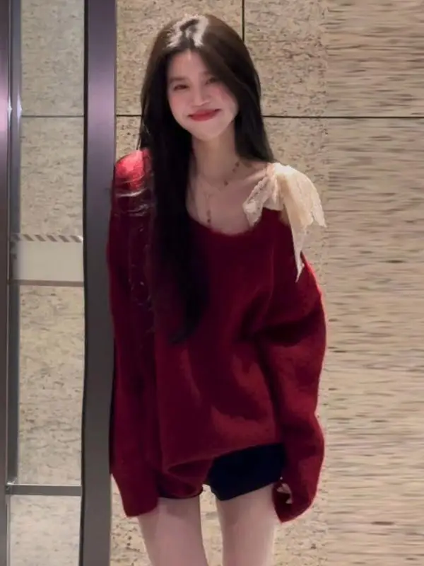 

Spring Trendy Knitted Sweater Beautiful Lazy Design Unique Style Women's Loose Fit Long Sleeve Knot Warm Fashion Top
