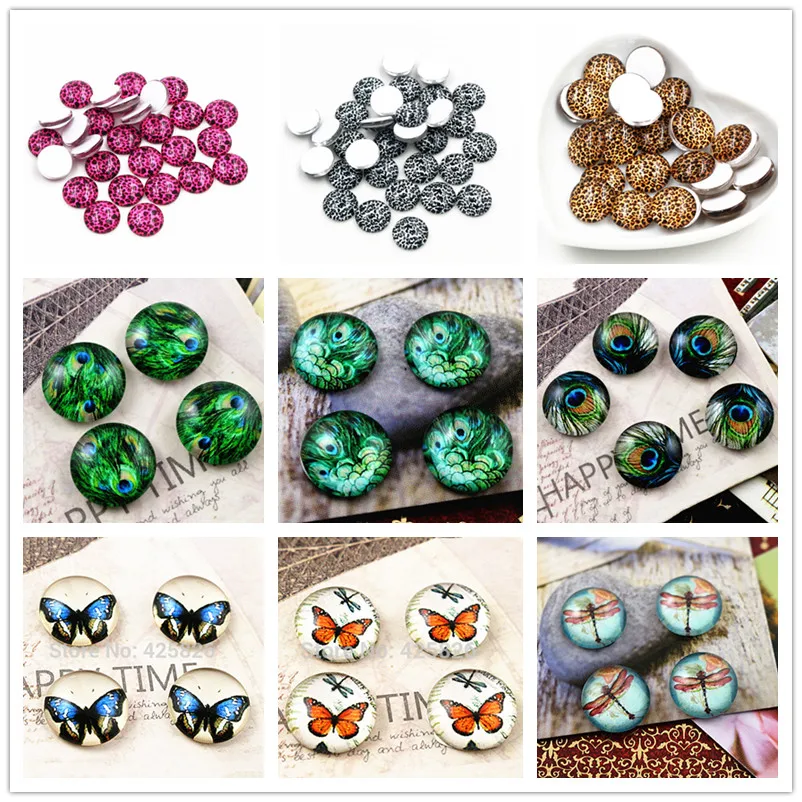 Nowa moda 20 szt. 12mm ręcznie robione kaboszony ze szkła fotograficznego pacockfeather motyl lampart wzór kopuła DIY biżuteria znaleziska