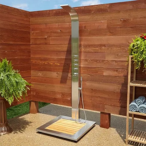 413242 Alvin Stainless Steel Thermostatic Outdoor Shower Panel with Shower Head, Hand Shower, Bodysprays and Bamboo Tray