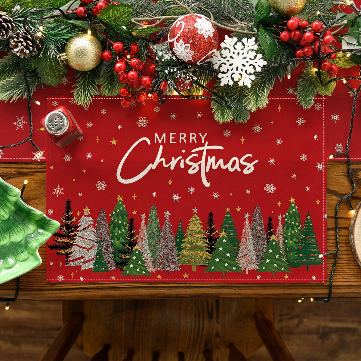 4/5/7Pcs Christmas Table Runner & Placemats Set, Xmas Tree & Snowflake Print, Heat Resistant Festive Dining Table Decor