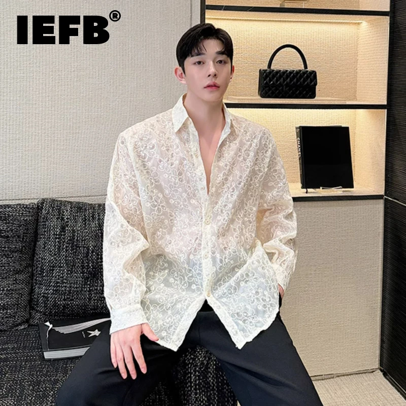 

IEFB Thin Irregular Embroidered Bead Shirt Breathable Nightclub Sequin Shirts Trend Lapel Long Sleeve Trendy Male Top 9C7229