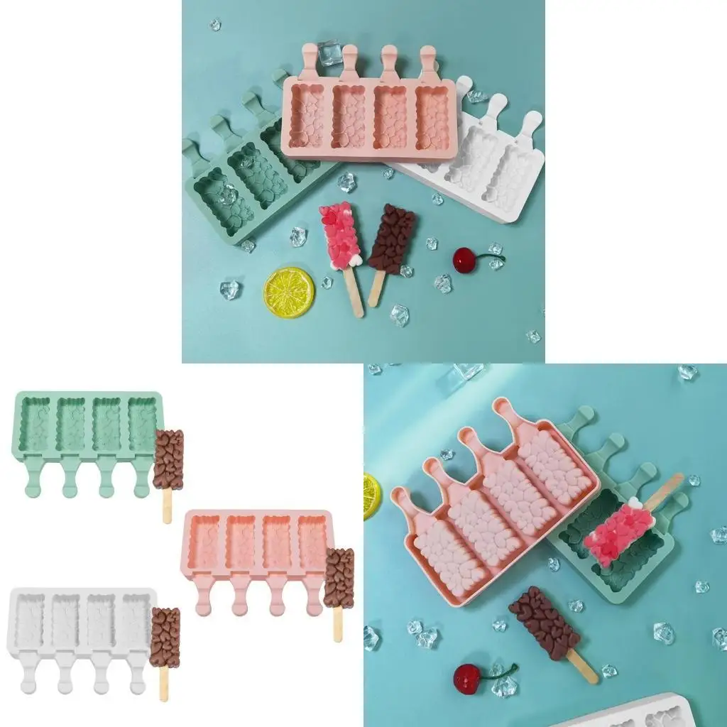 F19B 4 Cell Heart Popsicles Mold Non-stick Silicone Ice Cream Molds Homemade DIY Dessert Juice Ice-Pop Mould for Kids Kitchen