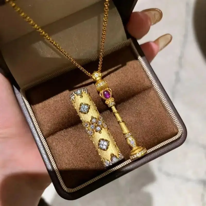 

Vintage new in Chinese style brushed Long cylindrical shape necklace luxurious and exquisite ruby pendant wedding jewelry