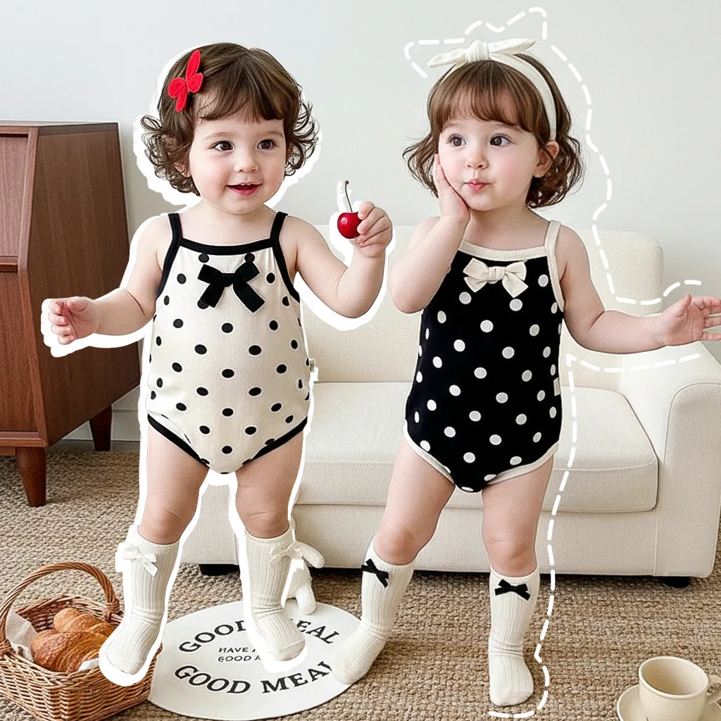 

Summer New 2026 Girls Polka Dot Jumpsuit Thin Sleeveless Rompers Cute Bow Print Baby Girl Crawling Clothes