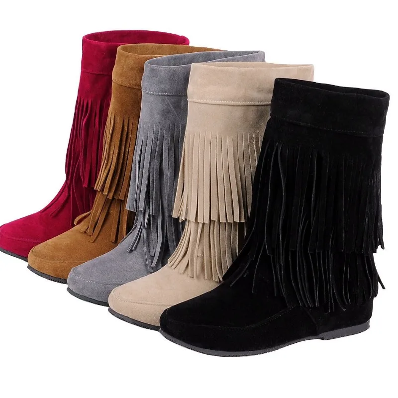 Women\'s Boots Tassel Winter New Bohemian Flocking Monica Design Mid-calf Boots Warm Plush Lined Platform Zipper Knee High Boots