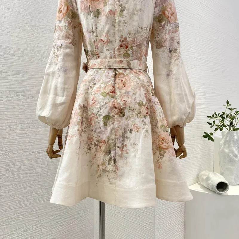 Mini abito da donna Re-tro A con cintura e maniche a lanterna con stampa floreale di alta qualità in puro lino 2025