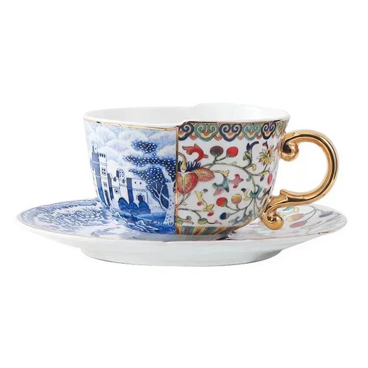 

Blue and White British Afternoon Tea Cup Set Coffee Tea Chinese and Western Combination Irregular Ceramic espresso tazas