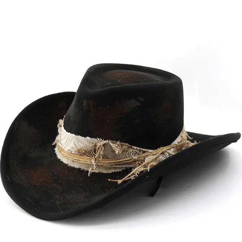 レトロジャズスタイル-ウールカウボーイハット-フェードデザイン-秋冬-ファーハット-メンズ-ワイドブリムハット-日除け-コーントップハット