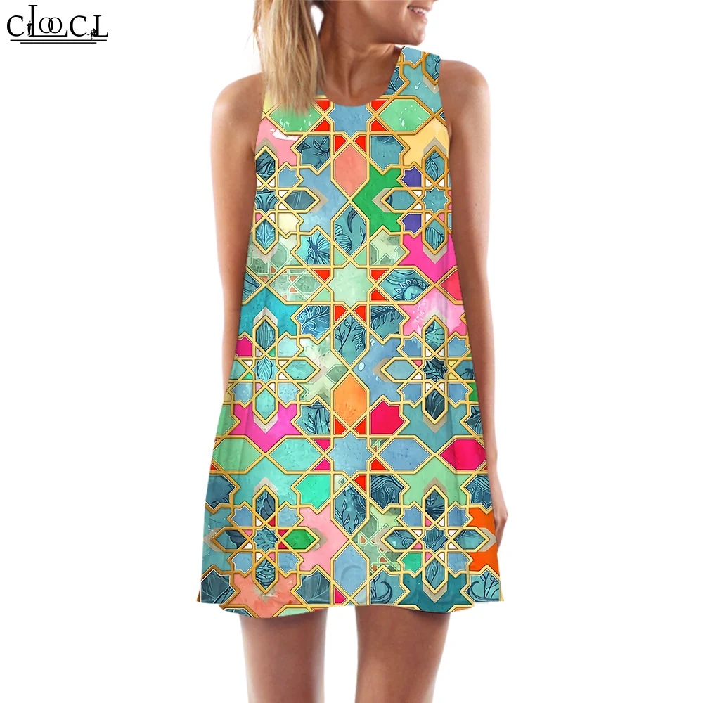 

CLOOCL New Fashion Women Tank Dress Colorful Geometric Graphics 3D Printed Loose Waist Sleeveless Summer Dress Beach Style