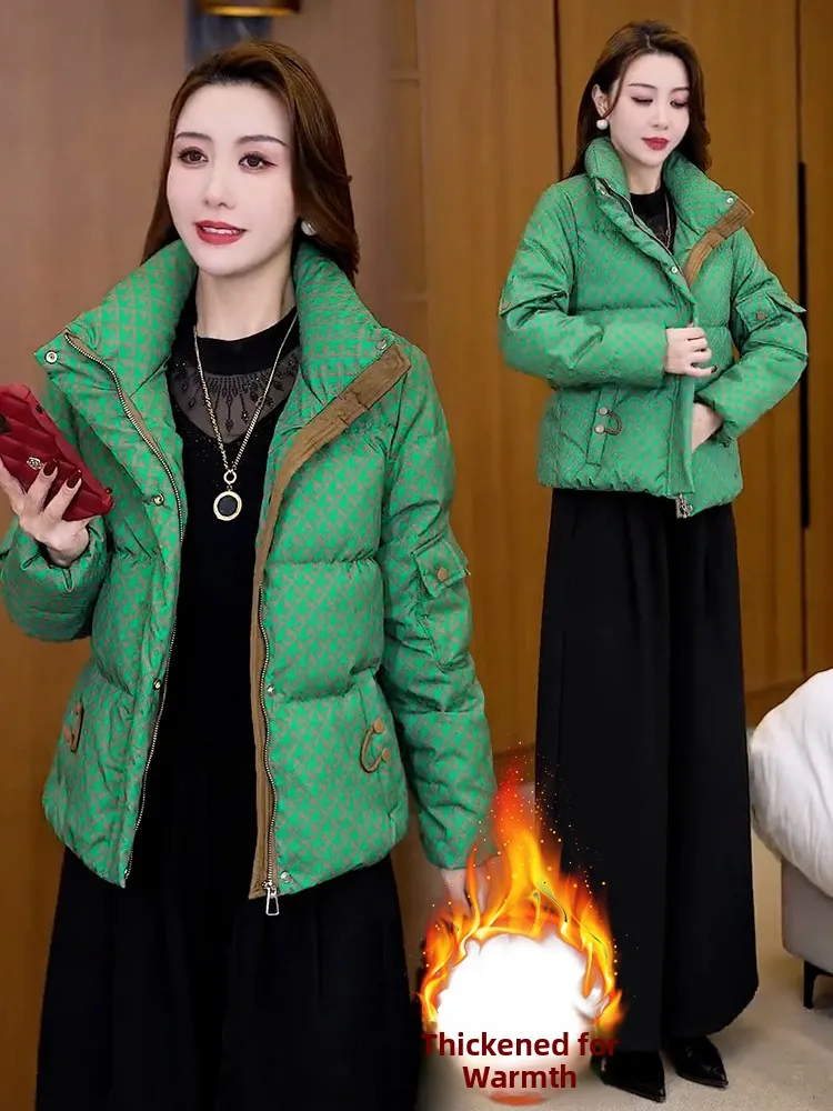 Zimowa, ocieplana, pikowana kurtka damska z bawełny, ciepła, przytulna, w kratę, płaszcz puchowy, wyszczuplający, elegancki, do pracy, koreański styl, krótka.