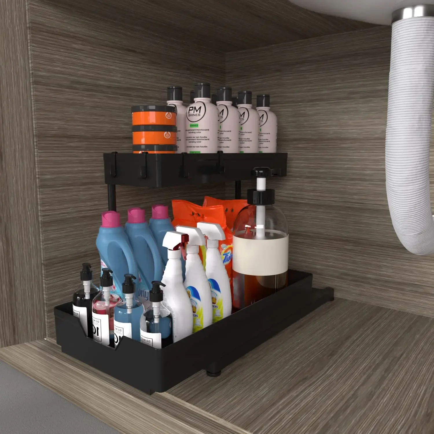 

2-Tier Under Sink Organizers and Storage, Sliding L-shape Under Bathroom Kitchen Cabinet Organizers Narrow Space Sink Organizer