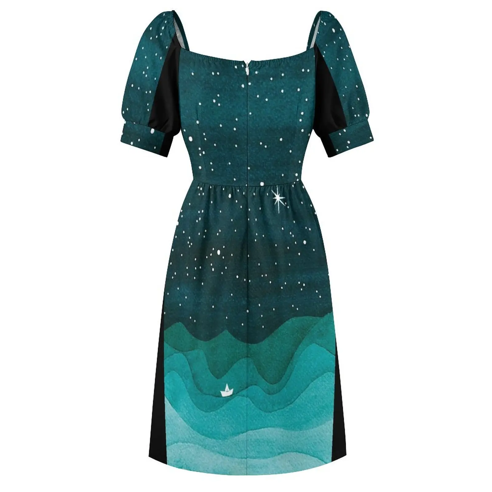 Starry Ocean, teal sailboat watercolor sea waves night Short Sleeved Dress womens dress Summer women's clothing Dress image 5