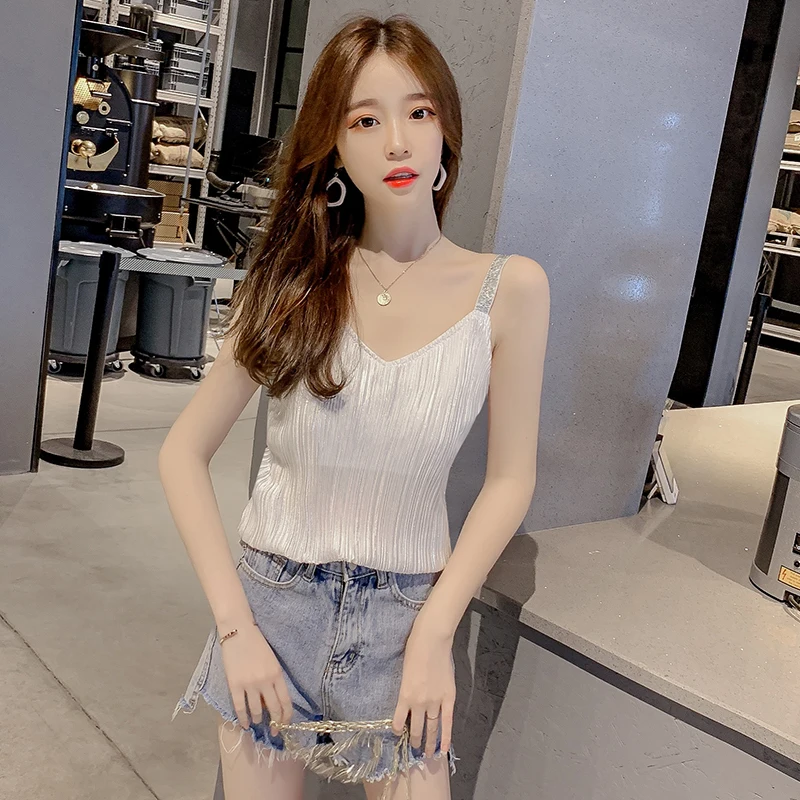 Tank Party Glitter Top Clubwear V-Neck Female Night Shirt Camisole T-Shirt Sleeveless For Sleeveless Summer Women Female