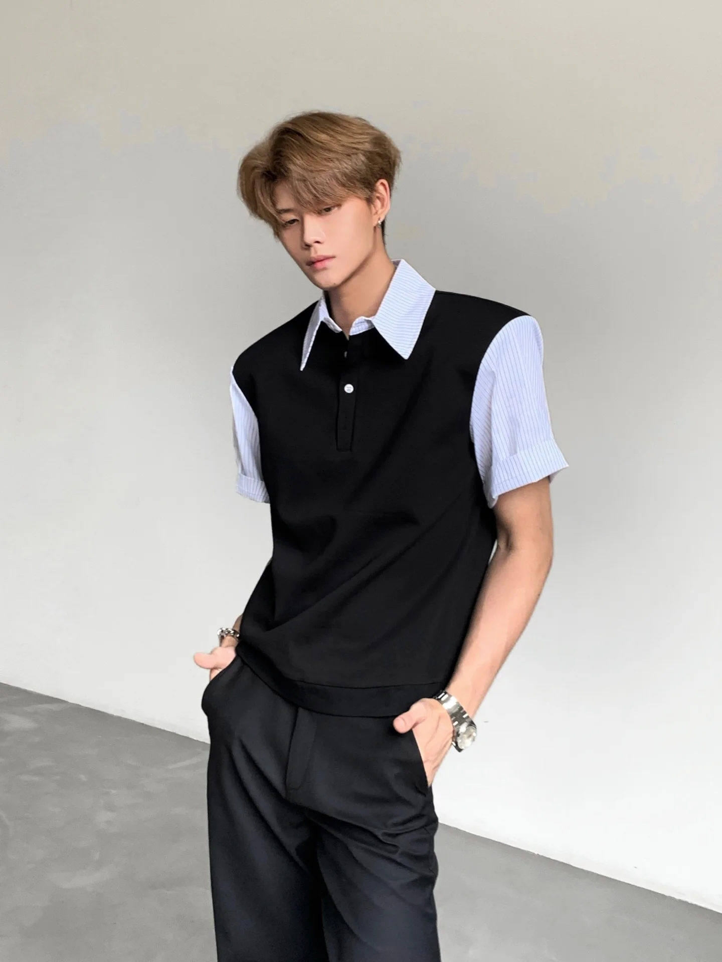 Ace Tailors Men's  Shirt Summer Short Sleeve Shoulder Pad Color Block Design Fashionable Urban Style Cotton Blend T-Shirt