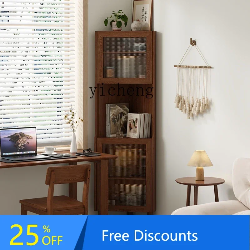 Display  with Glass Door High and Narrow Solid Wood Corner Shelf Household Living Room Magazine Cabinet Dust-proof Bookshelf