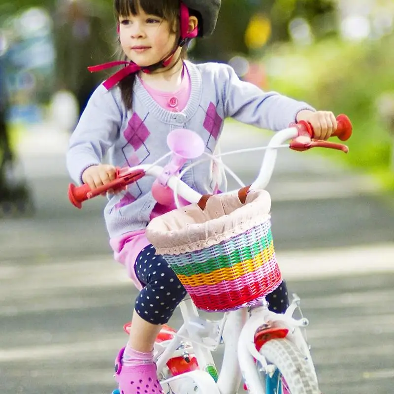 Kids Rainbow Bike Basket Front Decoration with Adjustable Straps Woven Basket Children Bicycle Basket for Kids Street Biking