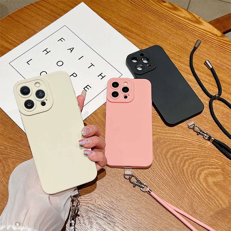 Luxury Lanyard Strap Phone Case For iPhone 16 15 Pro Max 15 14 13 12 11 X XS XR 7 8 Plus SE 2020 Shockproof Silicone Soft Cover
