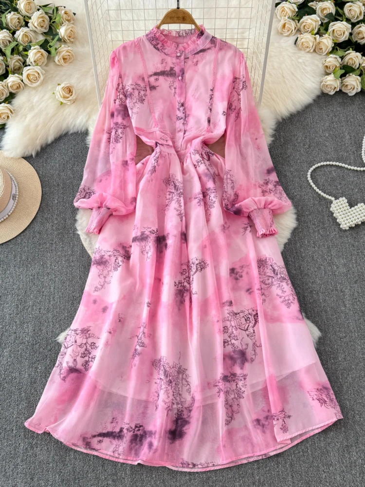 Women French Printing Chiffon Dress Spring Autumn Stand Collar Button Slim Long Dresses Ladies Bubble Sleeve Floral Long Robe