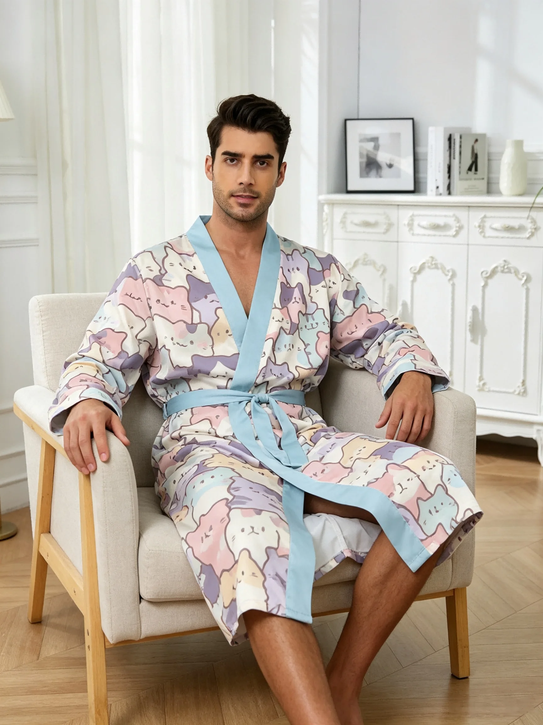 Men's lightweight quick-drying pajama bathrobe - 3D digital printing, non-fading design, stand-up collar and adjustable waistban