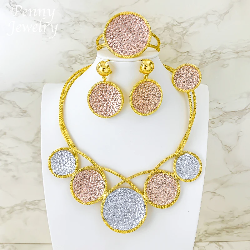 Colorful Round Textured Choker Collar Necklace Earrings Bracelet Ring 18K Gold Plated 4Pcs Jewelry Set Bridal Wedding Party Gift