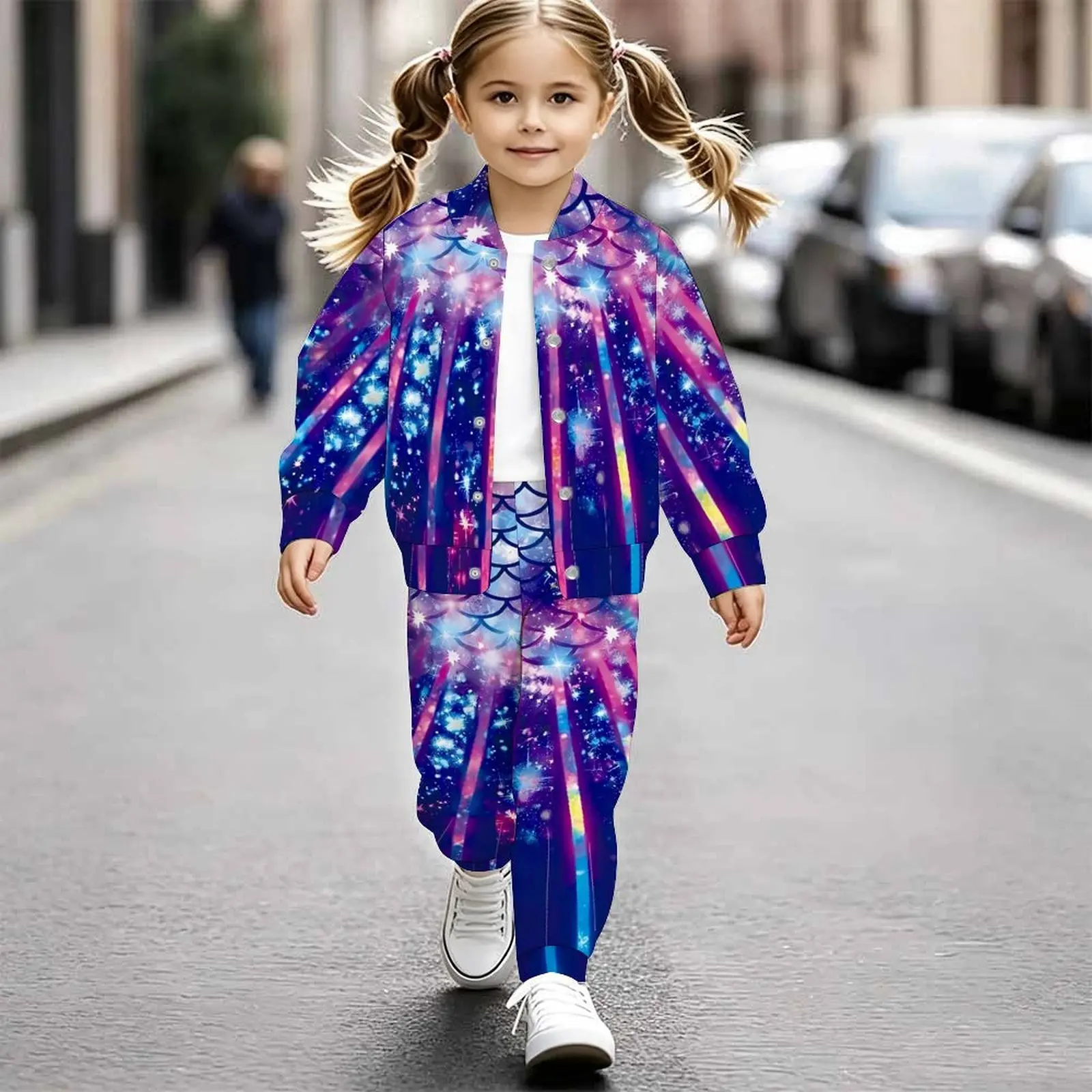 Fashion Sweet Girls Autumn Winter 2Pcs Print Coat Long Pants Set, Casual Kids Outfit for Everyday Wear Vacation and Beach