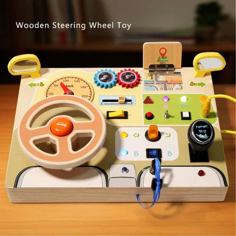 Wooden Steering Wheel Toy Early Educational Stimulation LED Wood Sensory Activity Board