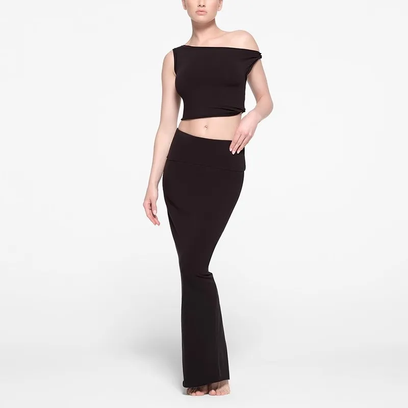 2024 Ins Extended One-Shoulder Knotting Uneven Belly-Baring Short Top with Half-length Skirt Women's Cotton Blend T-shirt