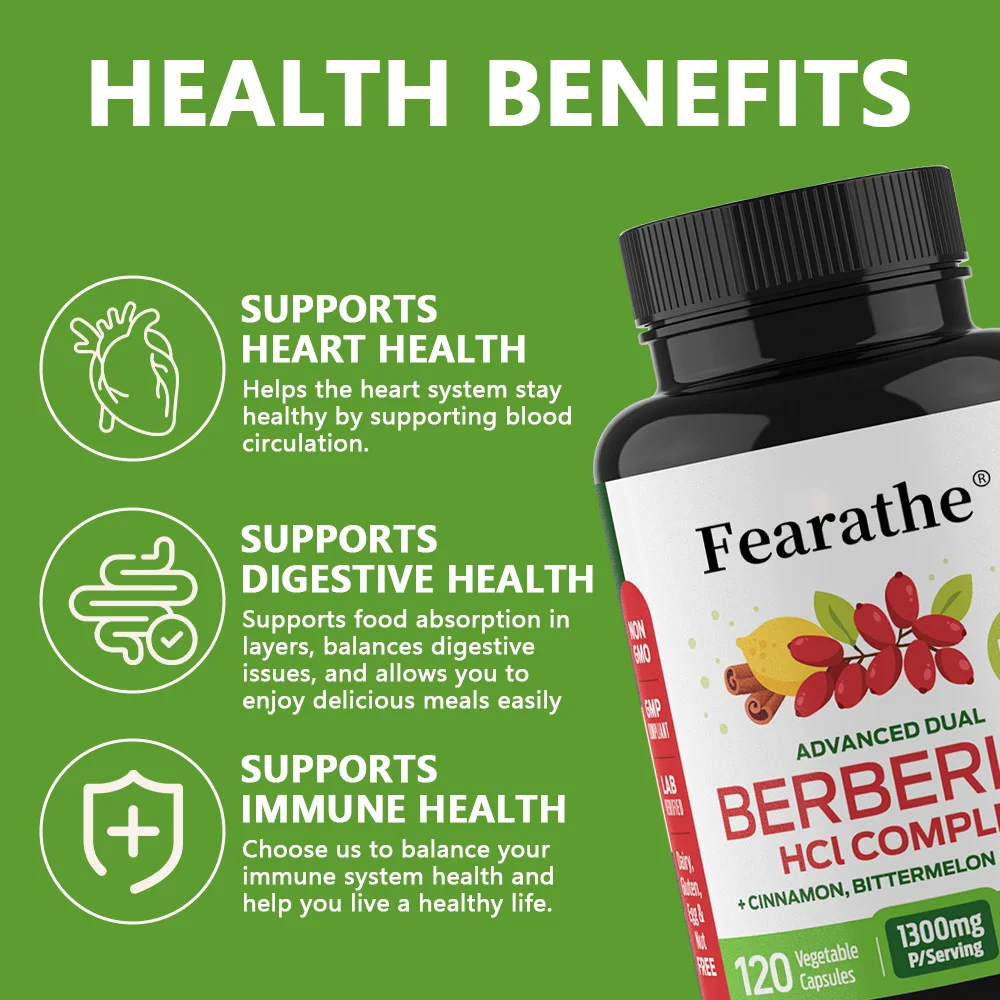 

Berberine HCI Complex Capsules 1300mg - Supports Heart Immune System Liver Digestion Health,Natural Vegan Supplement