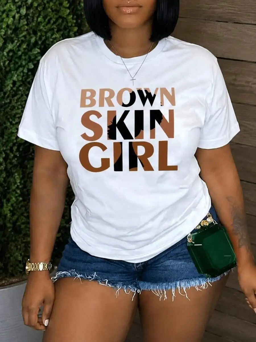 Brown Skin Girl Graphic Tee Women, Melanin Skin Tone Silhouette White T Shirt, Cute Summer Top, Casual Street Vacation Cloth