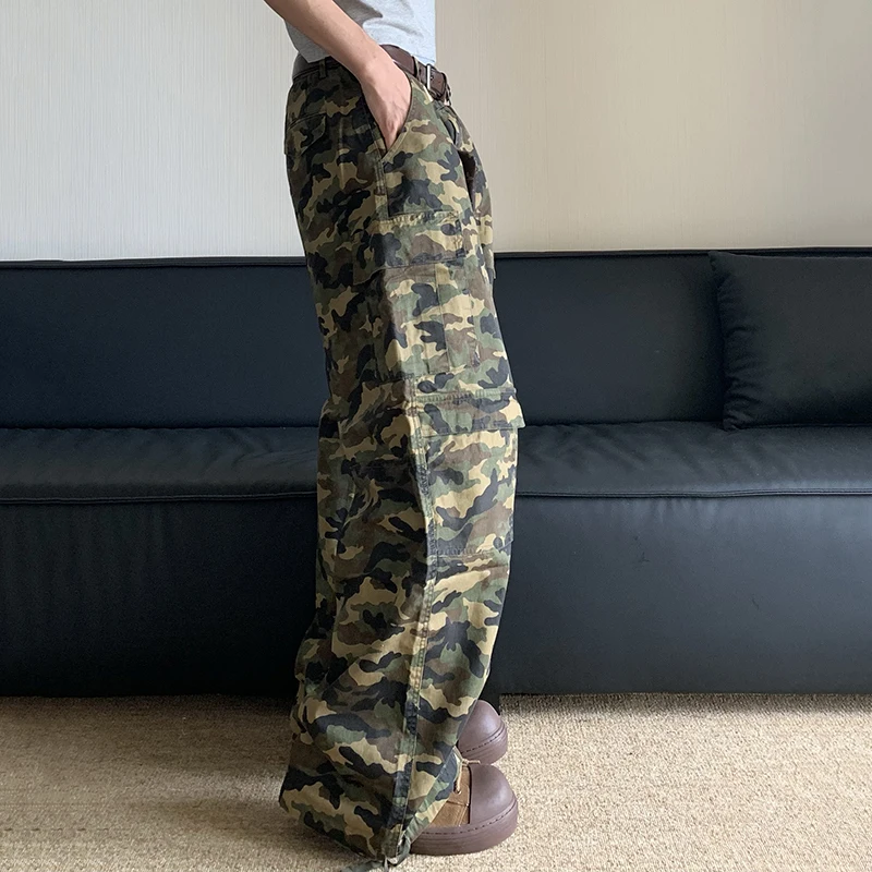 FEWQ American Camouflage Workwear Pants Men's Loose Straight Leg Wide Leg Casual Large Pockets 2024 Male Trousers Casual 24E1427