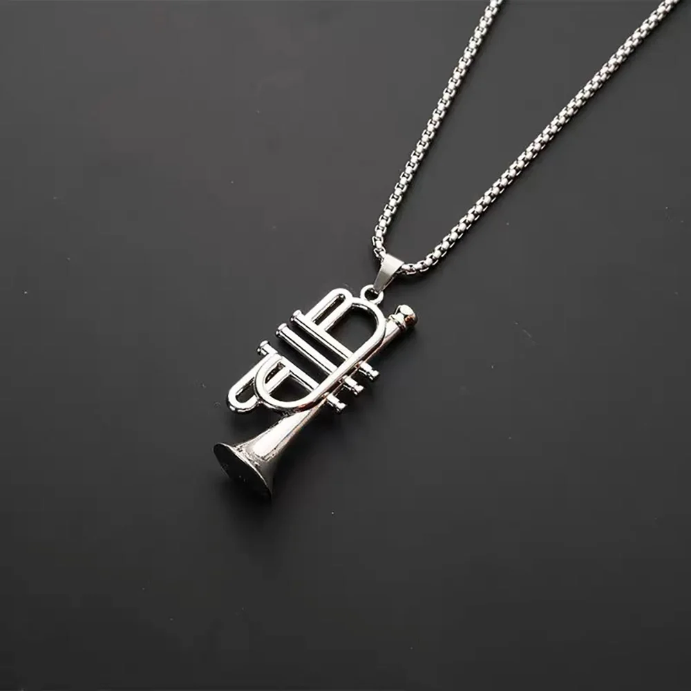 Metal Trumpet Necklace Mens Alloy Silvery Instrument Pendant Necklaces Long Chain Chokers Men\'s Rock Band Jewelry Charms Gifts