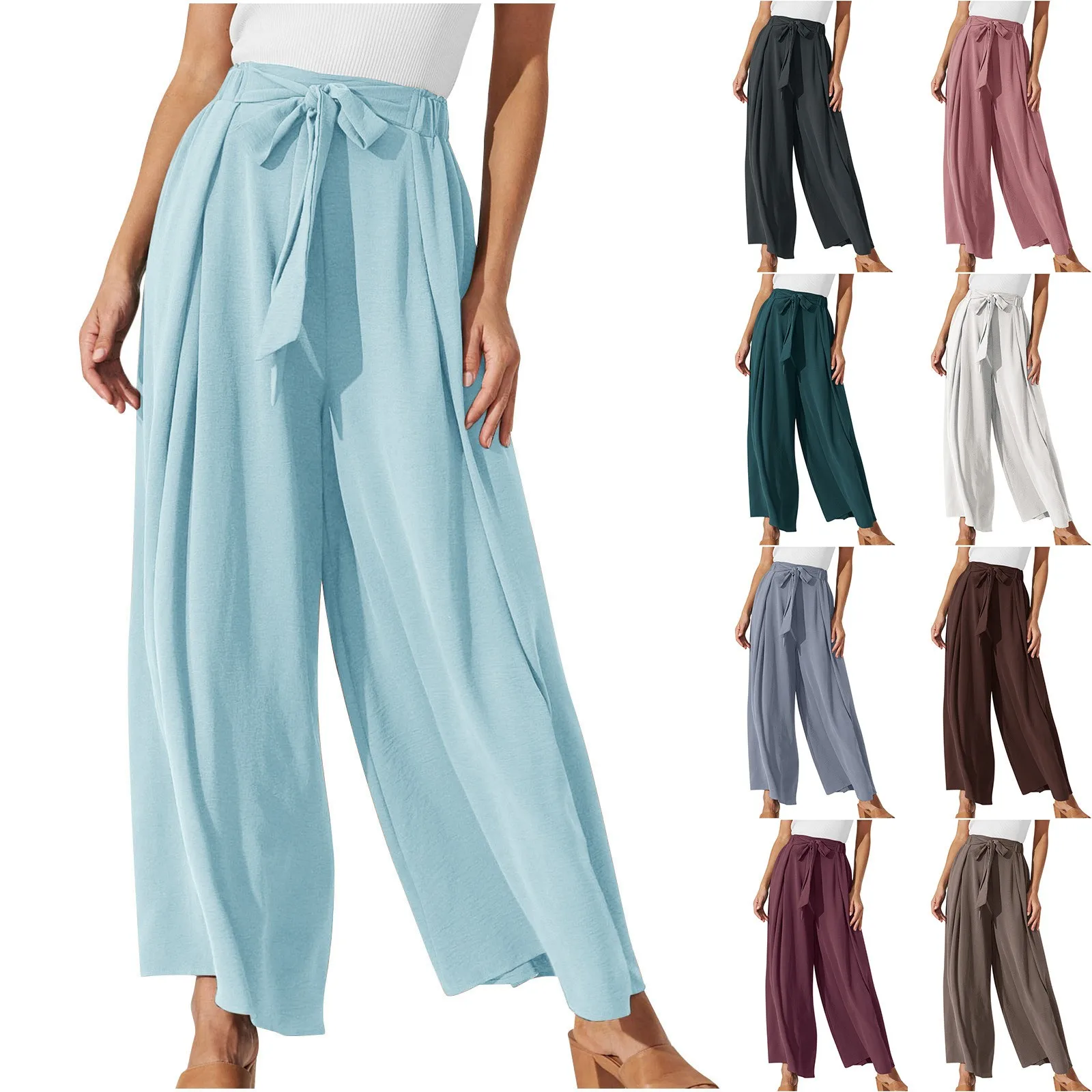 Elegant Temperament Wide Leg Pants Womens Solid Color Casual Bow Tie High Waist Pants Drawstring Fashion Work Loose Trousers