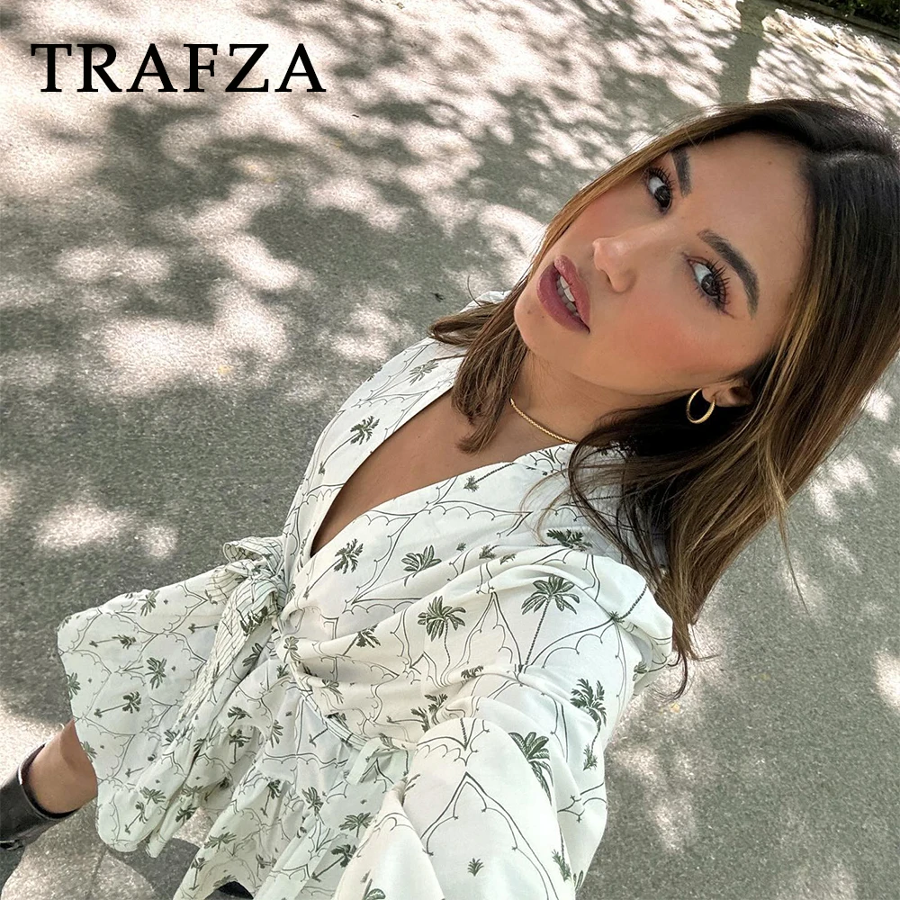 TRAFZA 2024 Spring Summer Women Casual Print Dresses Fashion Streetwear Sashes Loose V Neck Empire Elegant Ladies Dresses