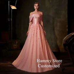 Brush Pink Evening Dress Arabian Prom Dresses Customized Off Shoulder Boat Neck Flowers A Line Formal Party Gown فساتين سهرات