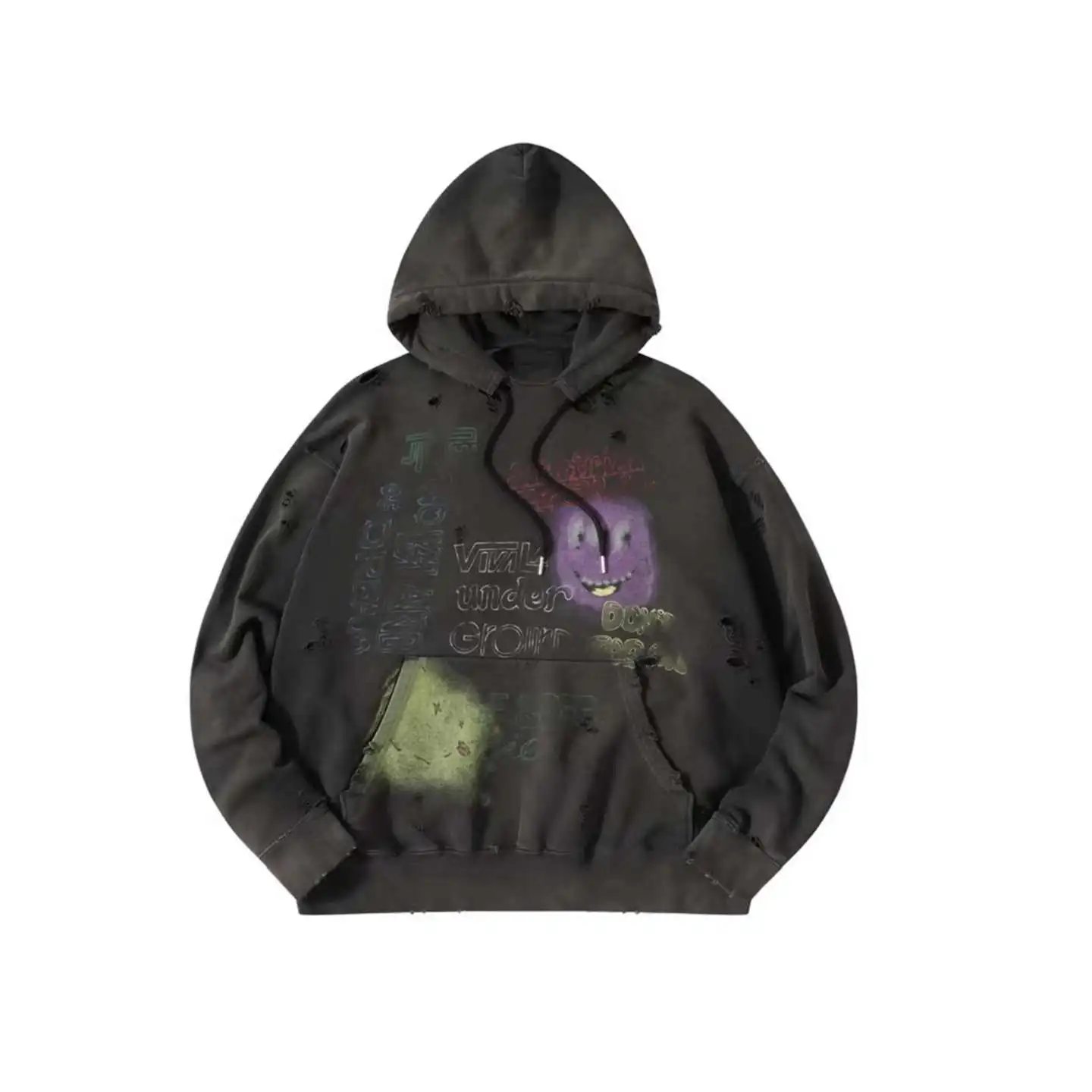 日本製 MMY MIHARA ウォッシュ加工 ダメージ加工 グラフィティ加工 穴あき フード付き メンズ＆レディース スウェットシャツ カバー