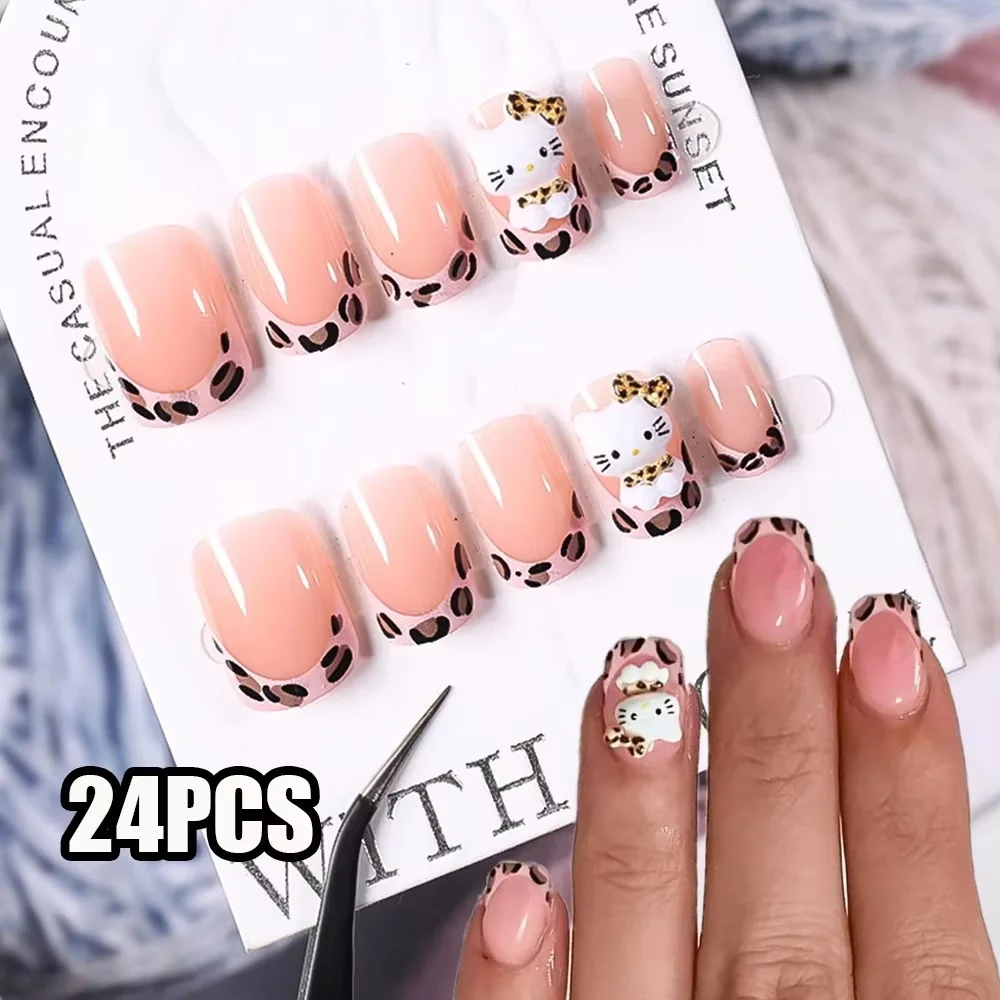 

24Pcs Miniso Hello Kitty Press On Fake Nails Kawaii Pink Leopard Bow Medium Nail Tips Artificial Wearable Reusable Nails Gifts