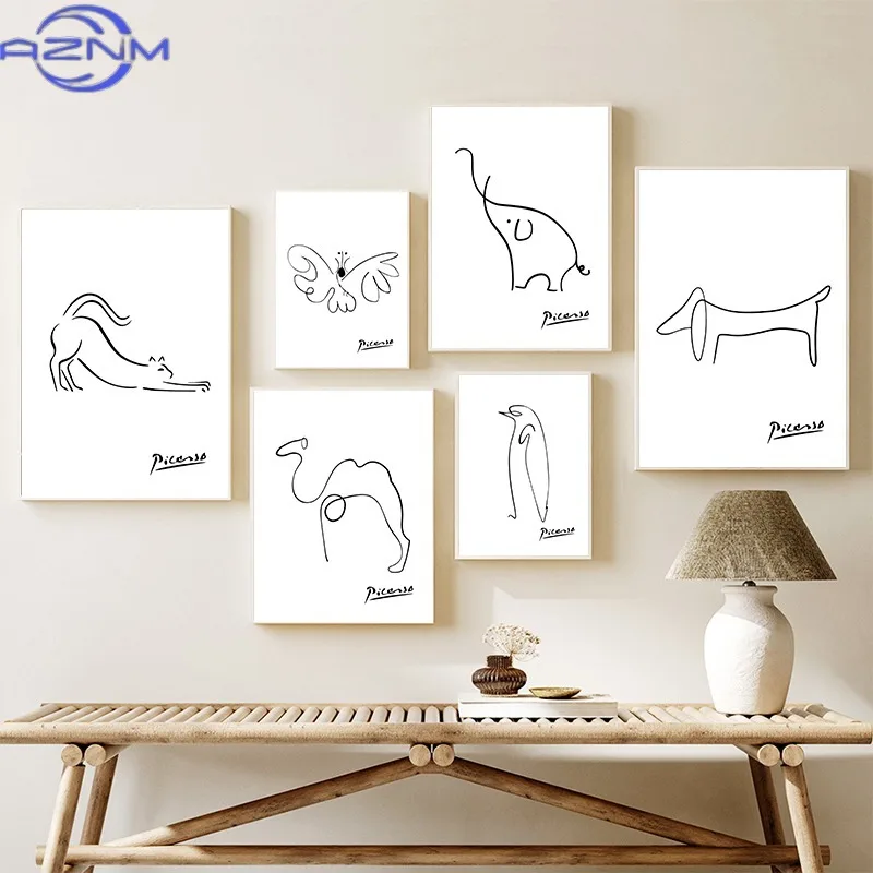 AZNM Pablo Picasso Dove of Peace Dachshund Dog Line Art Print Exhibition Vintage Wall Art Poster Canvas Painting for Room Home D